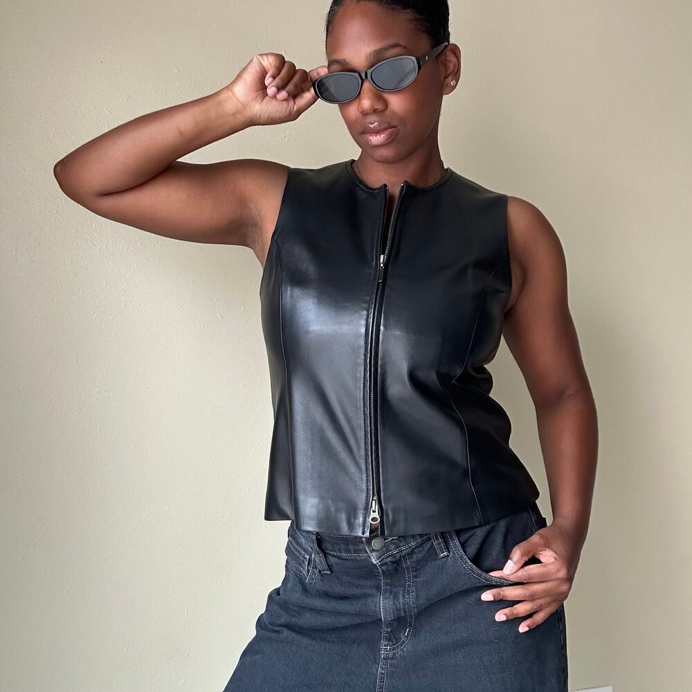 Talbots Black 100% Leather Zip Up Tank Size 8